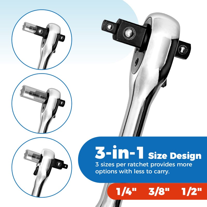DER ERWACHTE 3-IN-1 Ratchet Handle  1/4""  3/8""  1/2""  Ratchet Wrench  Socket Wrench  72-Tooth  Reversible Switch  Full-Polished Chrome Plating  Chromium Vanadium Steel - Image 2